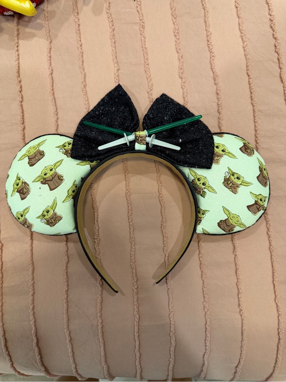Baby Yoda Pattern Minnie Ears Headband - Black Bow